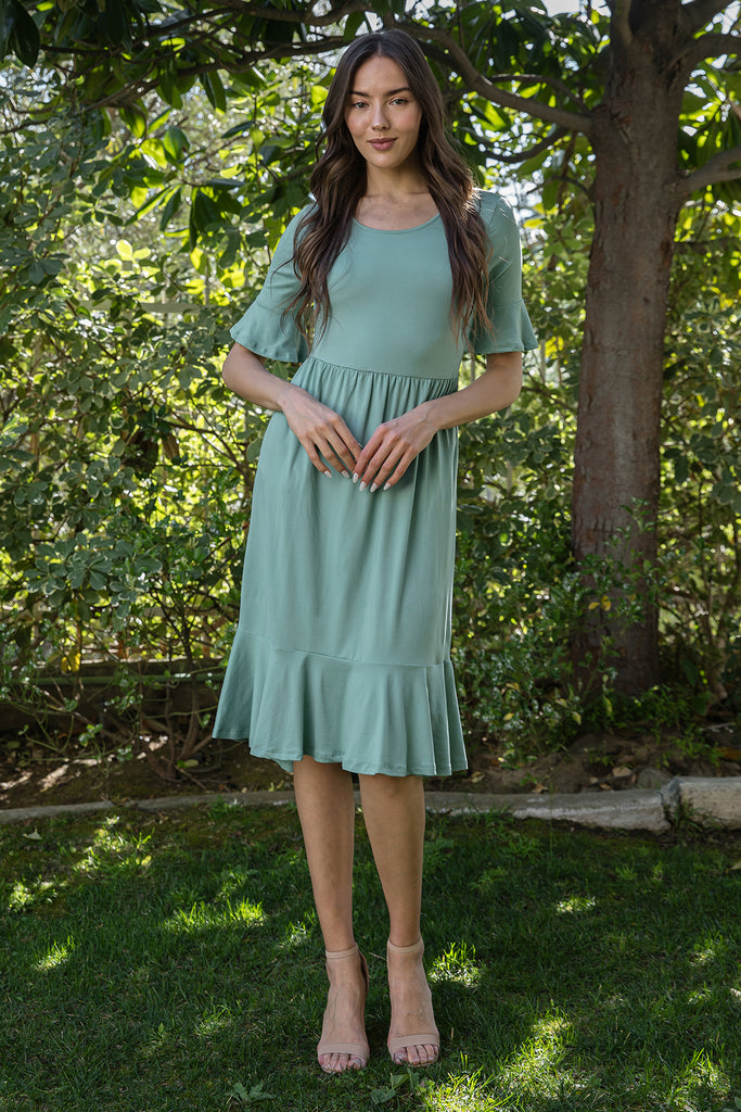 FLOUNCE HALF SLEEVE CINCH WAIST RUFFLE HEM SOLID DRESS