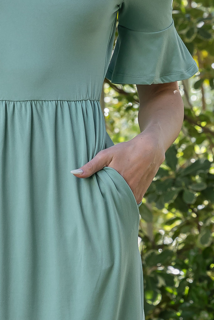 FLOUNCE HALF SLEEVE CINCH WAIST RUFFLE HEM SOLID DRESS