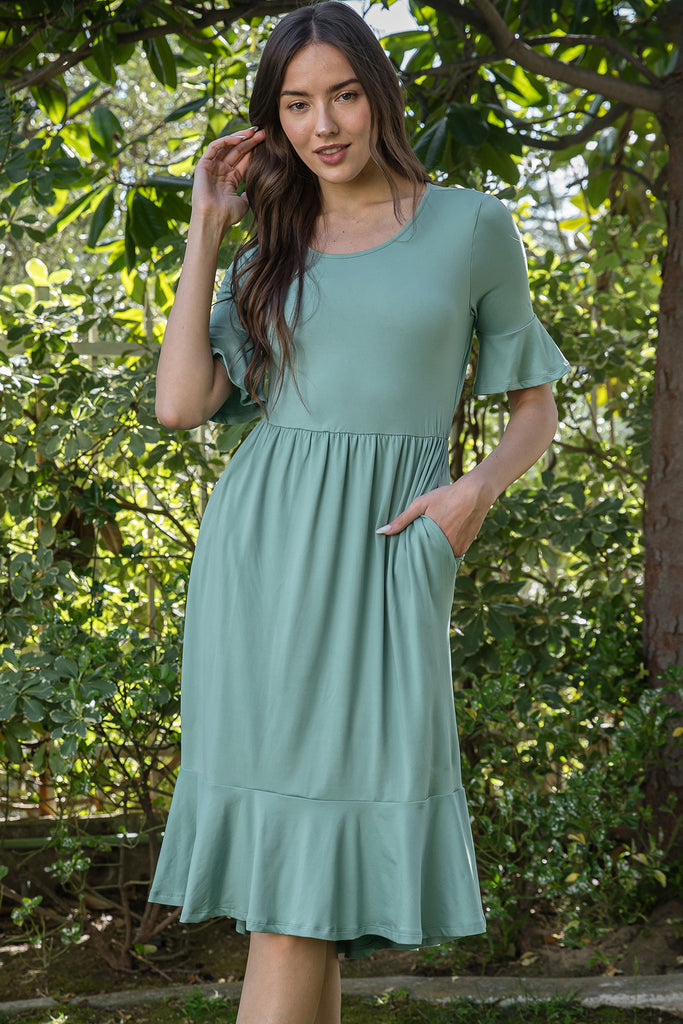 FLOUNCE HALF SLEEVE CINCH WAIST RUFFLE HEM SOLID DRESS
