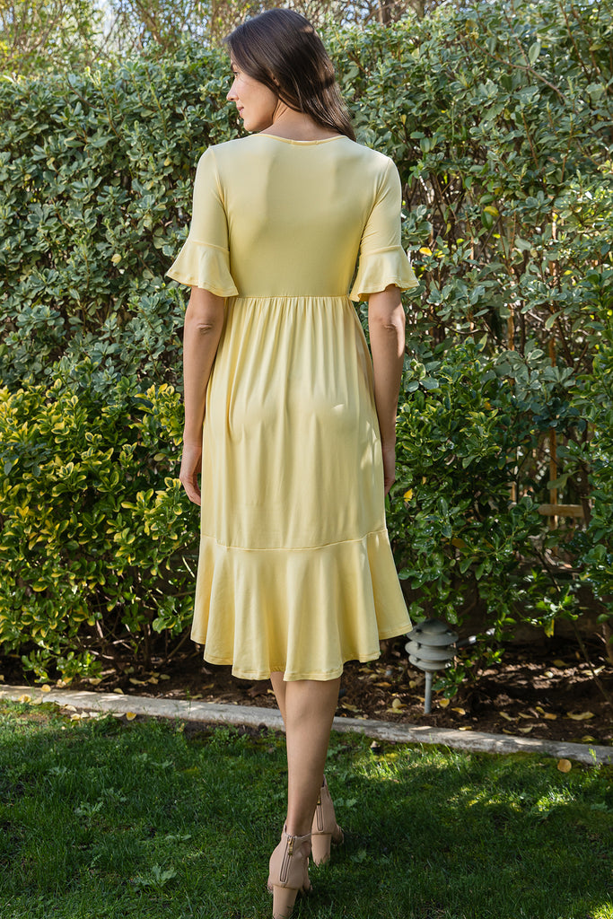 FLOUNCE HALF SLEEVE CINCH WAIST RUFFLE HEM SOLID DRESS