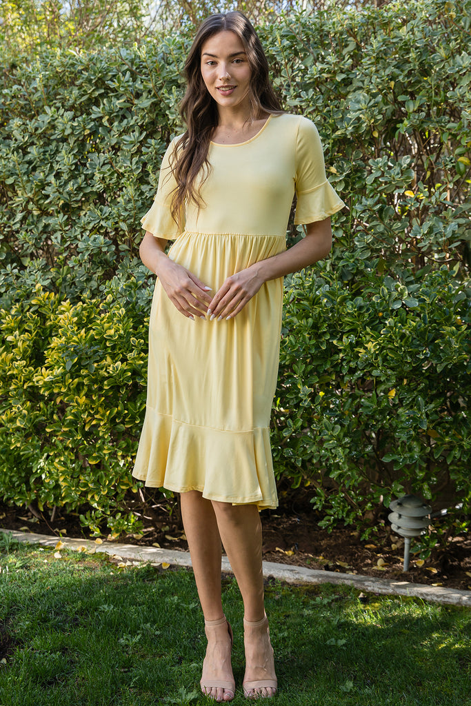 FLOUNCE HALF SLEEVE CINCH WAIST RUFFLE HEM SOLID DRESS