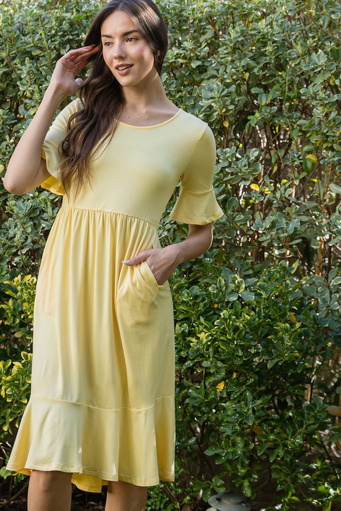 FLOUNCE HALF SLEEVE CINCH WAIST RUFFLE HEM SOLID DRESS