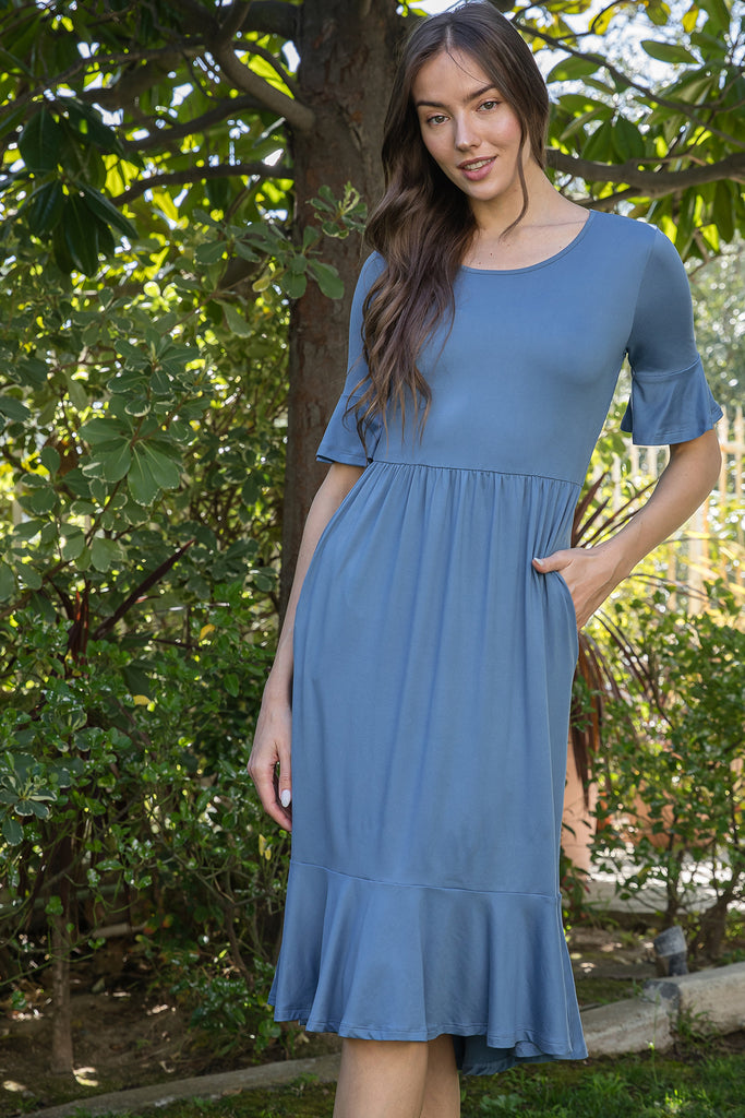FLOUNCE HALF SLEEVE CINCH WAIST RUFFLE HEM SOLID DRESS