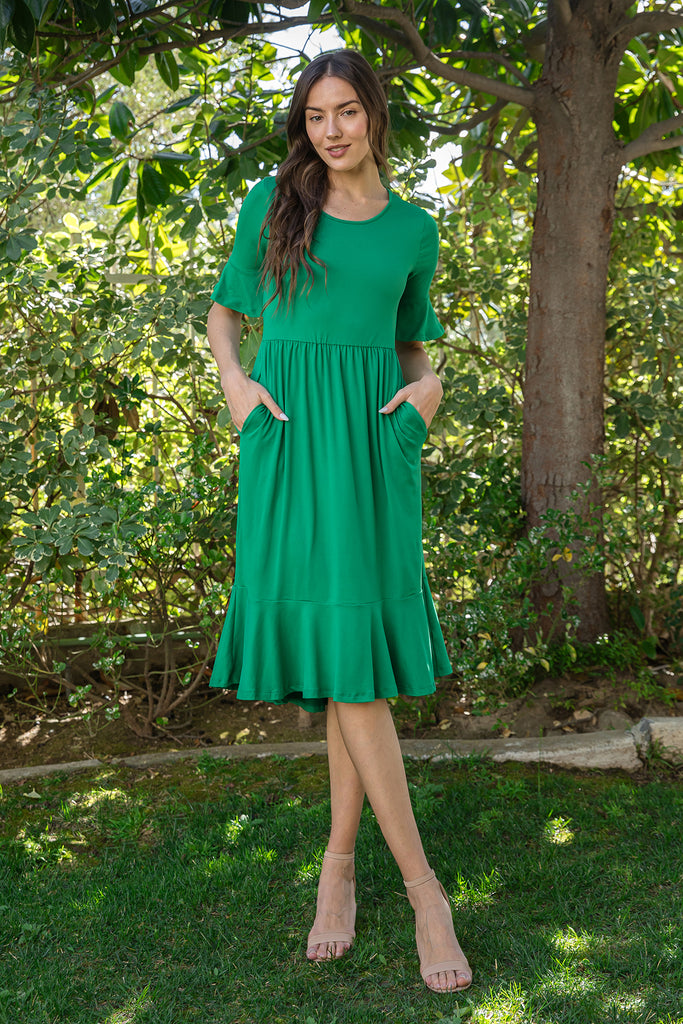 FLOUNCE HALF SLEEVE CINCH WAIST RUFFLE HEM SOLID DRESS