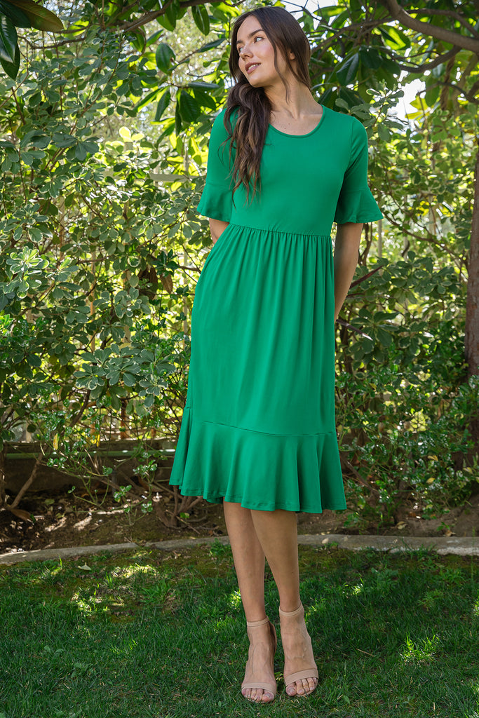 FLOUNCE HALF SLEEVE CINCH WAIST RUFFLE HEM SOLID DRESS