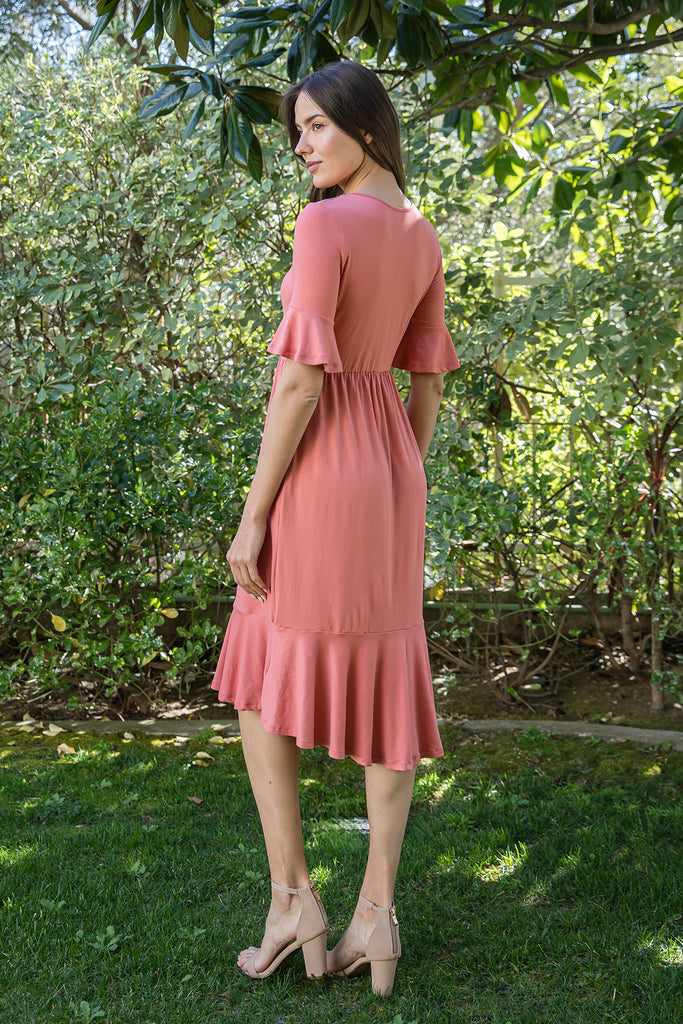 FLOUNCE HALF SLEEVE CINCH WAIST RUFFLE HEM SOLID DRESS