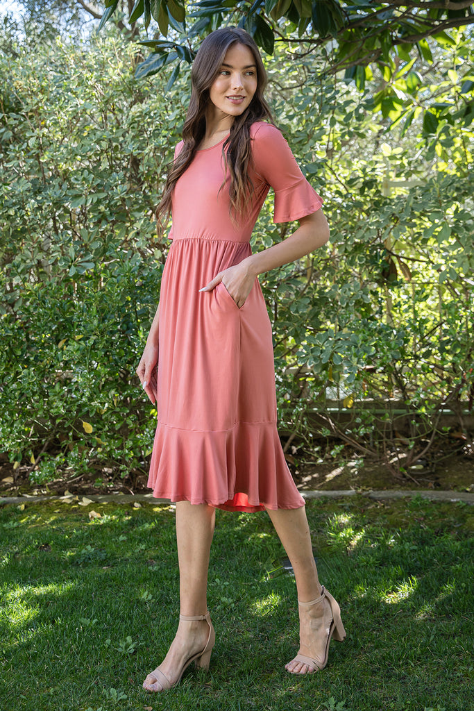 FLOUNCE HALF SLEEVE CINCH WAIST RUFFLE HEM SOLID DRESS