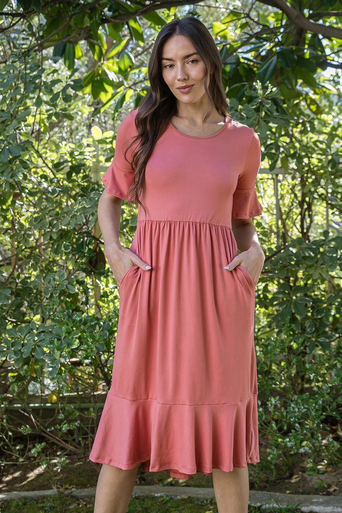 FLOUNCE HALF SLEEVE CINCH WAIST RUFFLE HEM SOLID DRESS