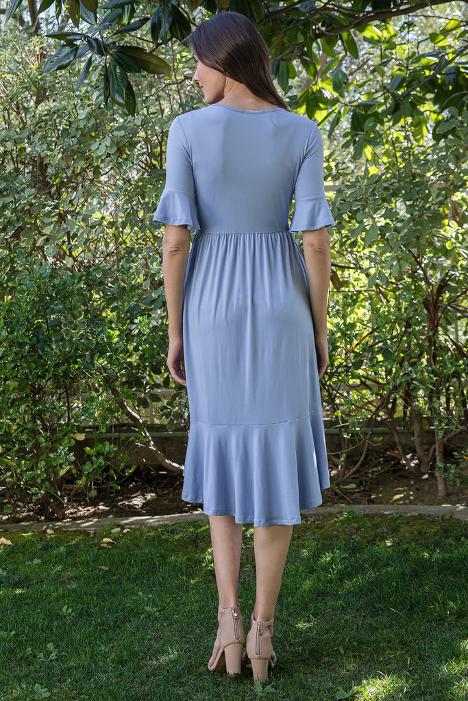 FLOUNCE HALF SLEEVE CINCH WAIST RUFFLE HEM SOLID DRESS