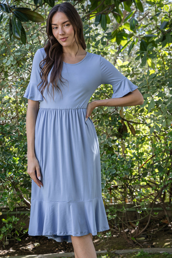 FLOUNCE HALF SLEEVE CINCH WAIST RUFFLE HEM SOLID DRESS