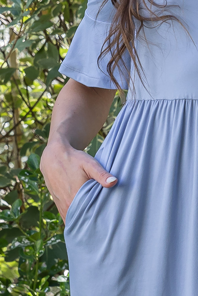 FLOUNCE HALF SLEEVE CINCH WAIST RUFFLE HEM SOLID DRESS