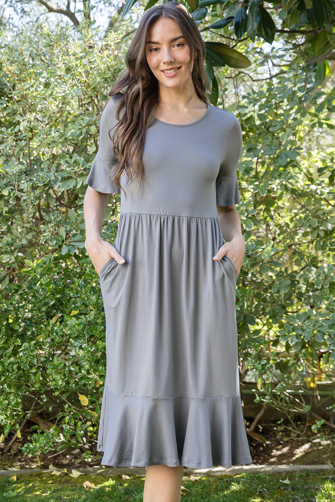 FLOUNCE HALF SLEEVE CINCH WAIST RUFFLE HEM SOLID DRESS