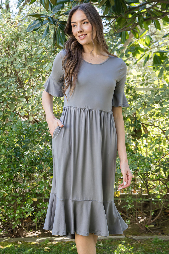 FLOUNCE HALF SLEEVE CINCH WAIST RUFFLE HEM SOLID DRESS