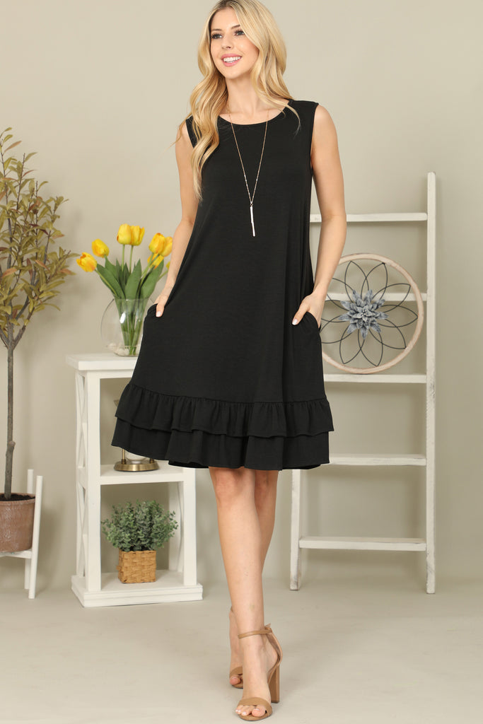 Solid Sleeveless Ruffled Hem Dress