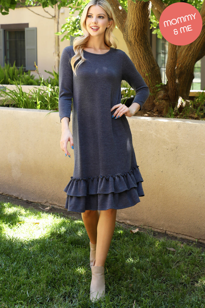 Solid Knit Ruffle Hem Pocket Dress