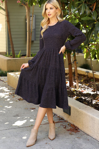 Solid Round Neckline Long Sleeve Dress