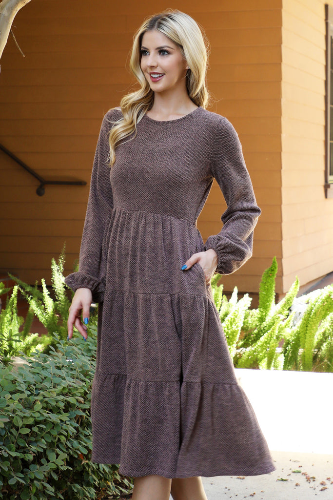 Long Puff Sleeve Elastic Waist Jacquard Knit Tiered Dress
