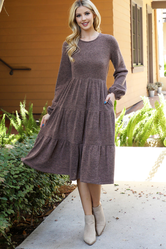 Long Puff Sleeve Elastic Waist Jacquard Knit Tiered Dress