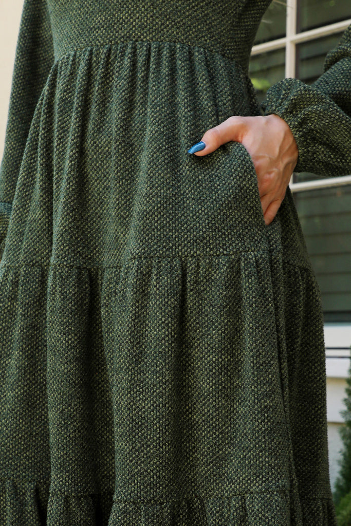 Long Puff Sleeve Elastic Waist Jacquard Knit Tiered Dress