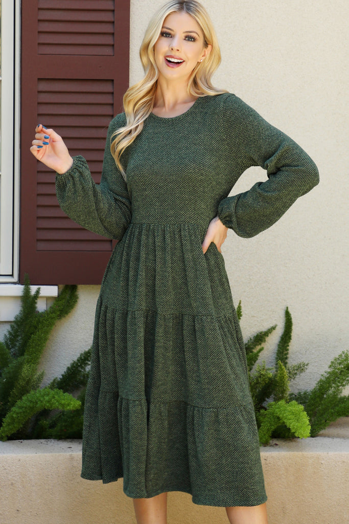 Long Puff Sleeve Elastic Waist Jacquard Knit Tiered Dress