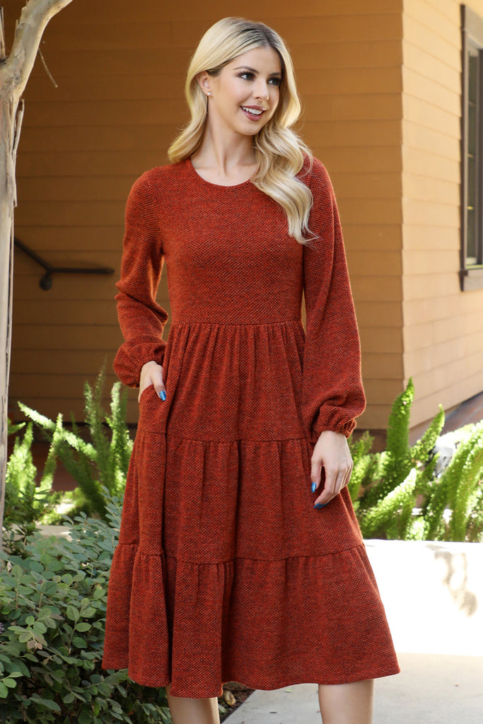 Long Puff Sleeve Elastic Waist Jacquard Knit Tiered Dress