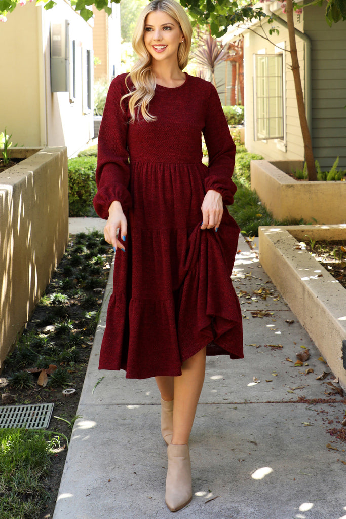 Long Puff Sleeve Elastic Waist Jacquard Knit Tiered Dress
