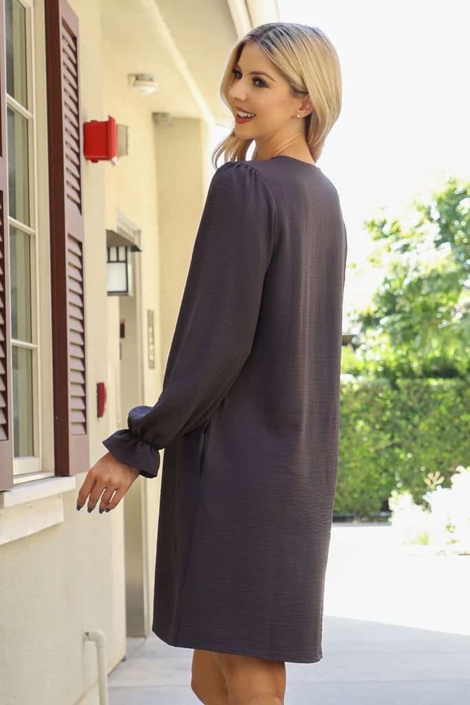 Collared Neckline Woven Long Sleeve Dress