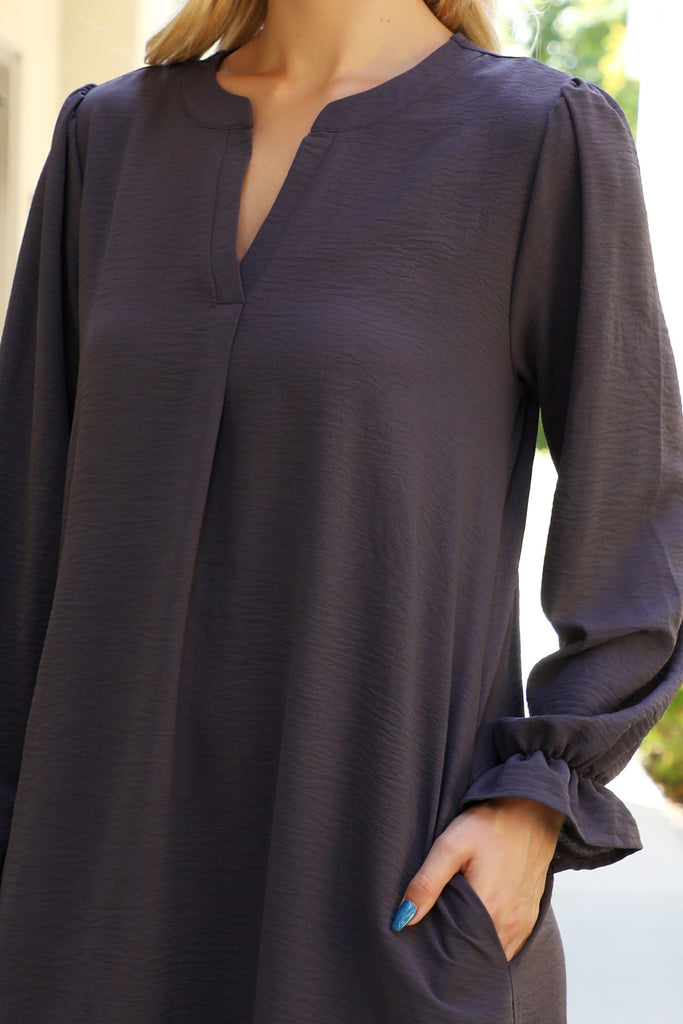 Collared Neckline Woven Long Sleeve Dress