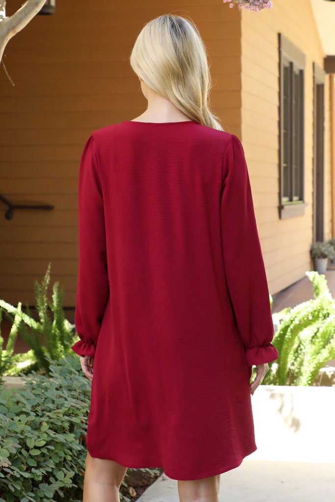 Collared Neckline Woven Long Sleeve Dress