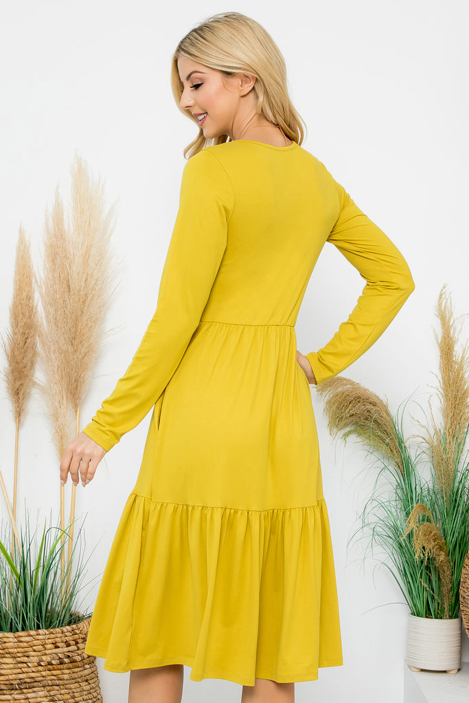 Solid Long Sleeve Tiered Pocket Dress