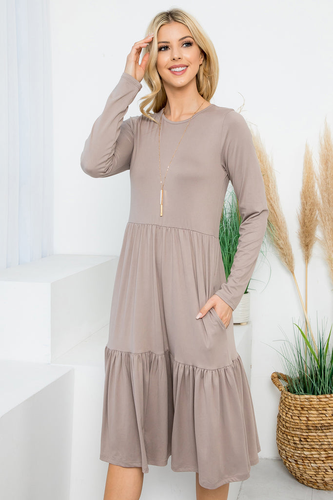 Solid Long Sleeve Tiered Pocket Dress