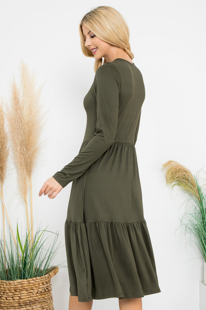 Solid Long Sleeve Tiered Pocket Dress