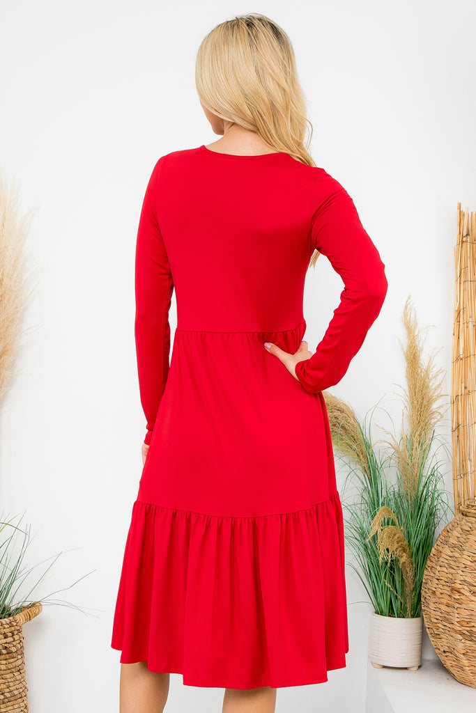 Solid Long Sleeve Tiered Pocket Dress