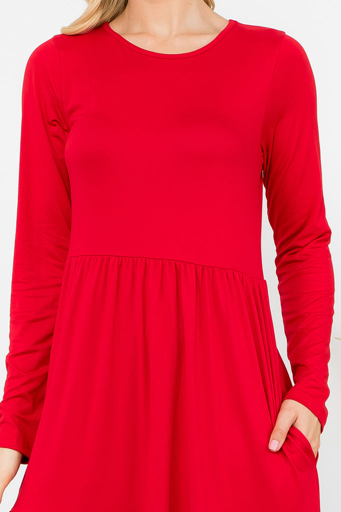 Solid Long Sleeve Tiered Pocket Dress