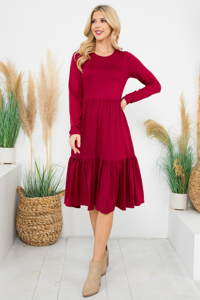 Solid Long Sleeve Tiered Pocket Dress