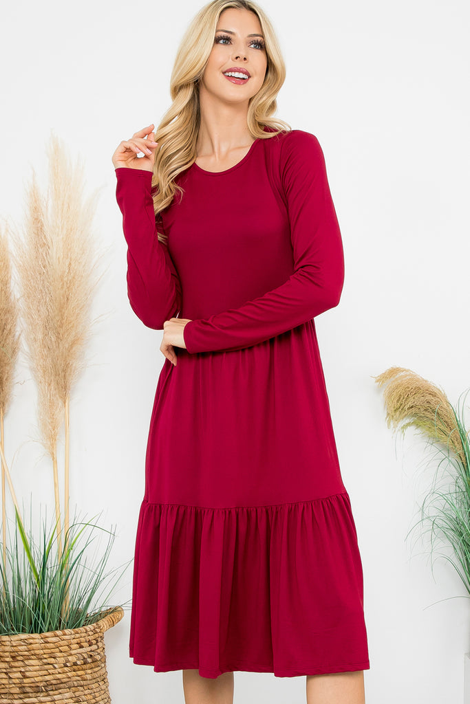 Solid Long Sleeve Tiered Pocket Dress