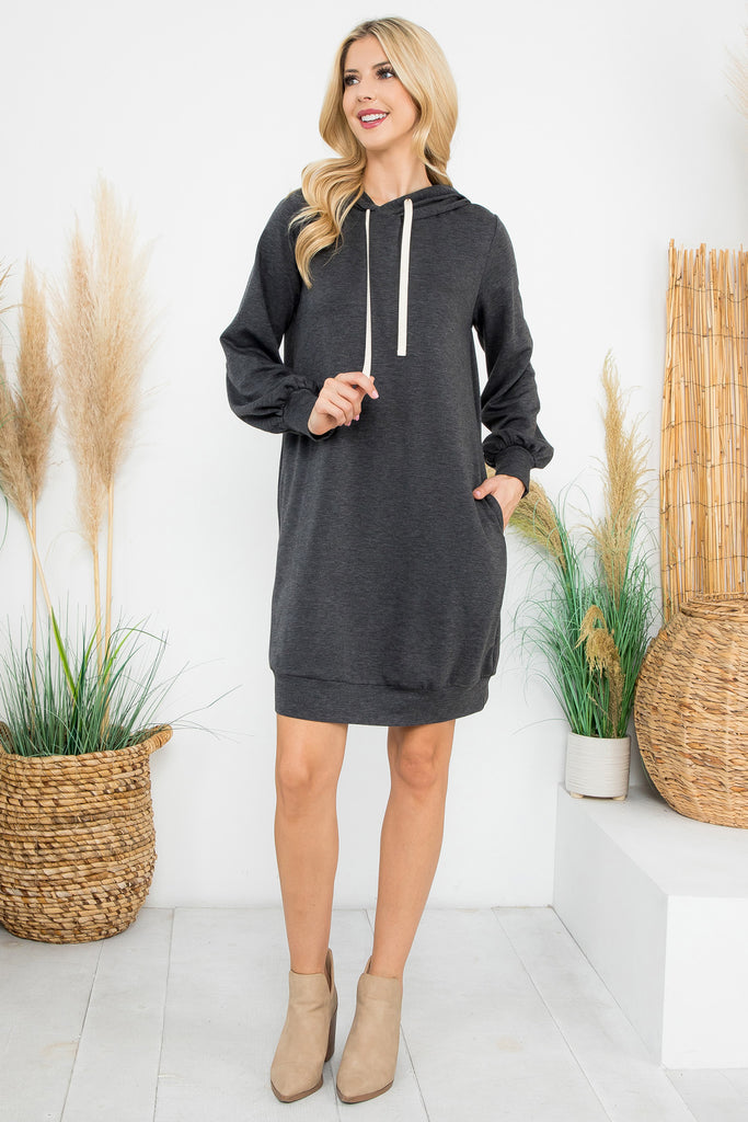 French Terry Long Puff Sleeve Hoodie Dress