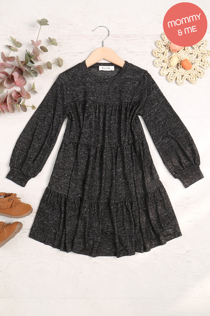 Kids Puff Long Sleeve Tiered Hacci Brushed Dress
