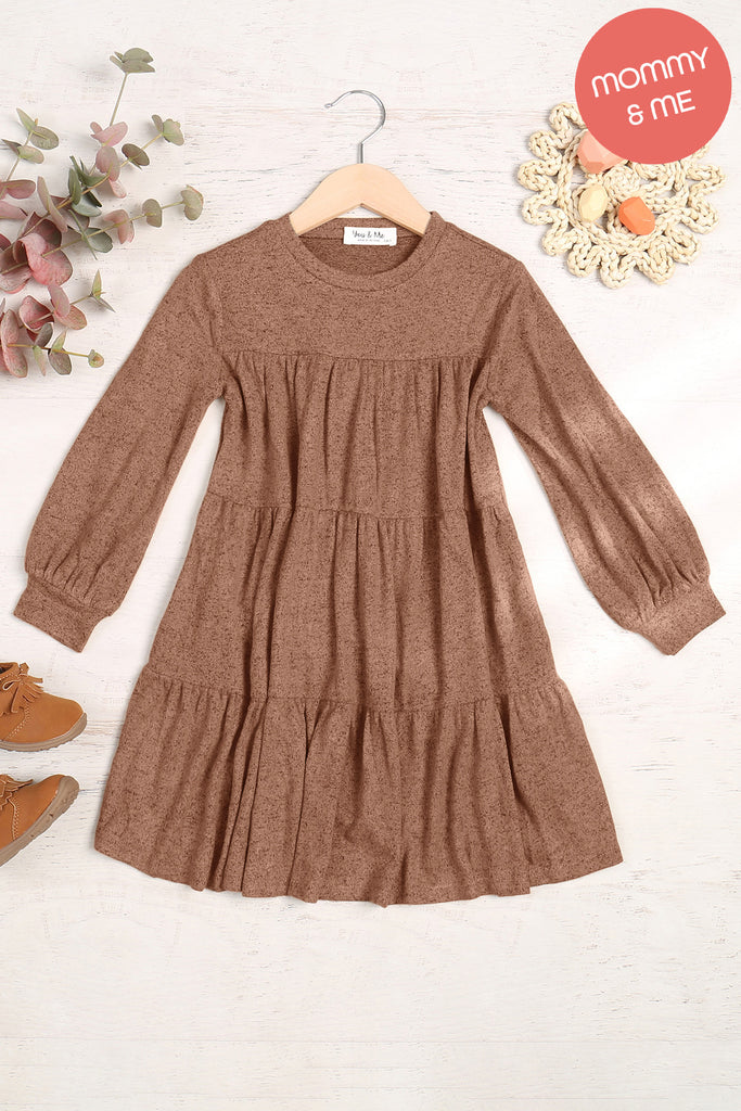 Kids Puff Long Sleeve Tiered Hacci Brushed Dress