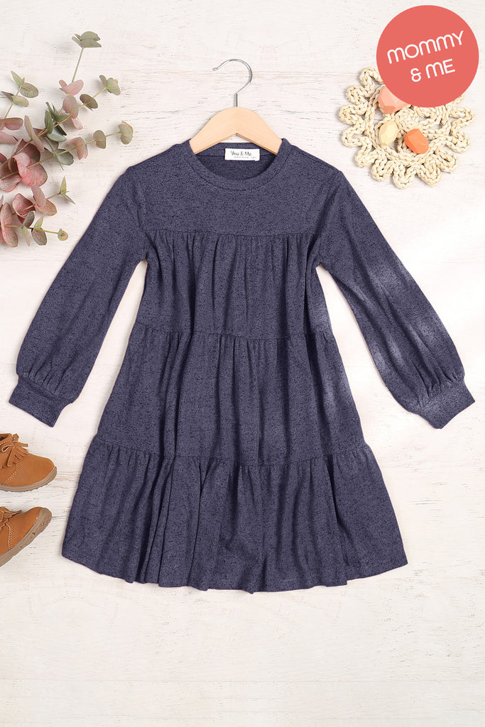 Kids Puff Long Sleeve Tiered Hacci Brushed Dress