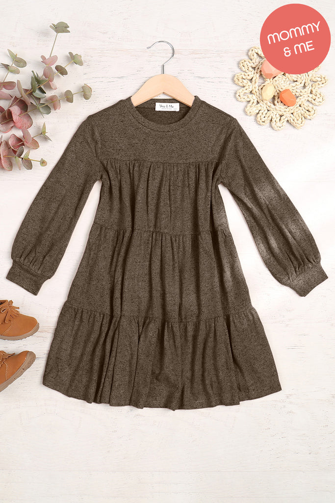 Kids Puff Long Sleeve Tiered Hacci Brushed Dress
