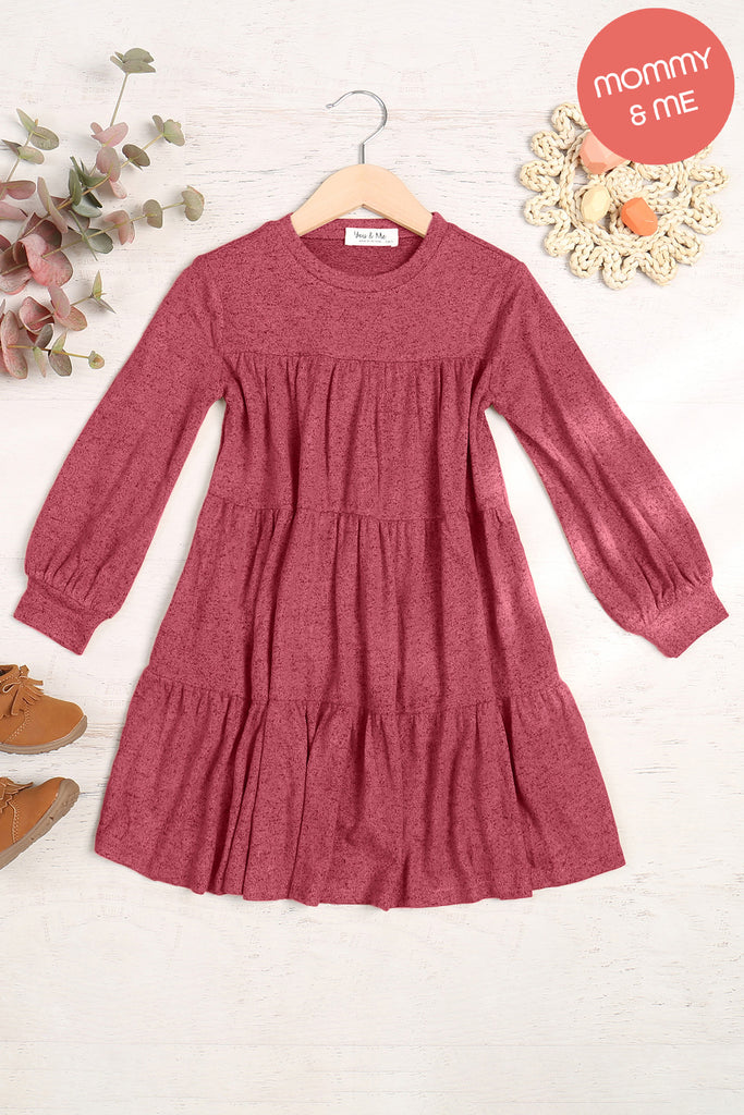 Kids Puff Long Sleeve Tiered Hacci Brushed Dress