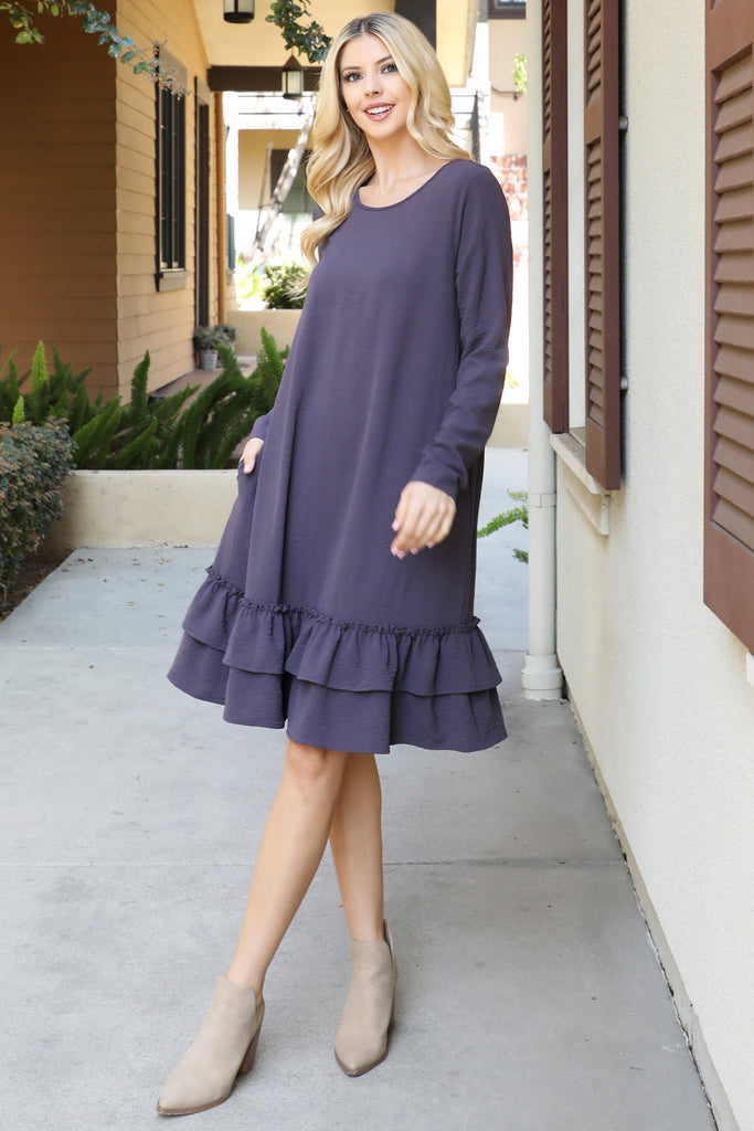 Long Sleeve Flat Merrow Detail Hem Woven Dress