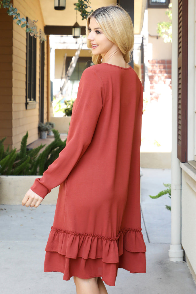 Long Sleeve Flat Merrow Detail Hem Woven Dress