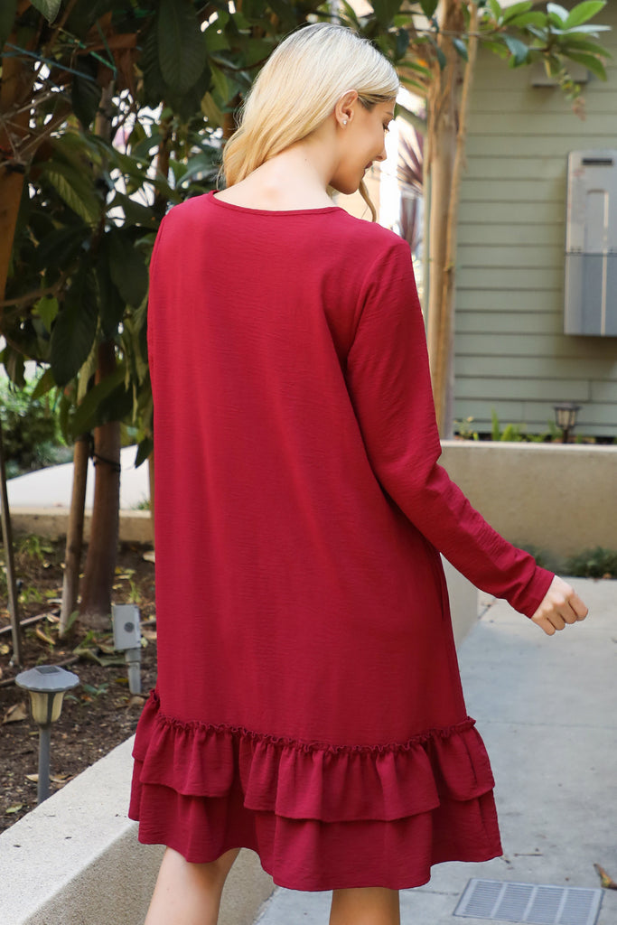 Long Sleeve Flat Merrow Detail Hem Woven Dress