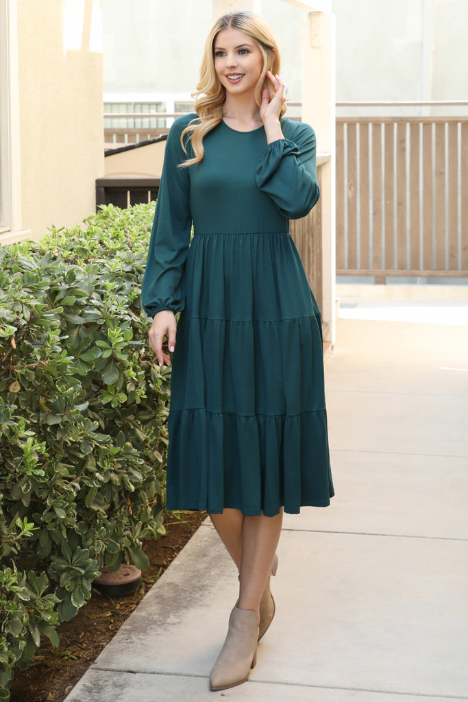 Solid Long Sleeve Elastic Waist Tiered Dress
