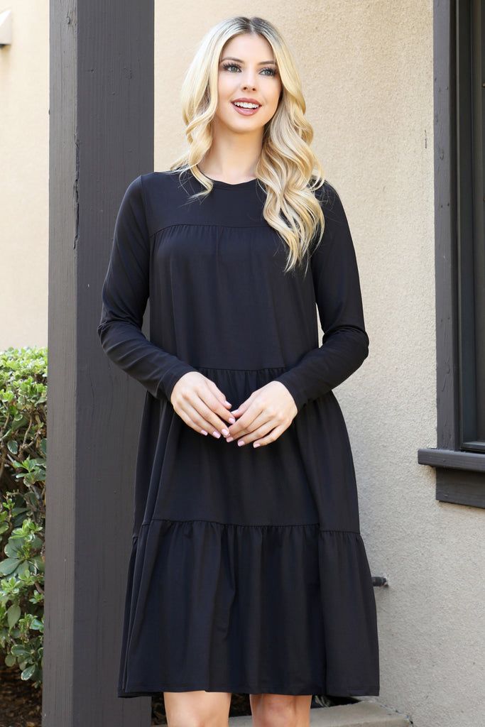 Solid Long Sleeve Shirring Tiered Detailed Dress