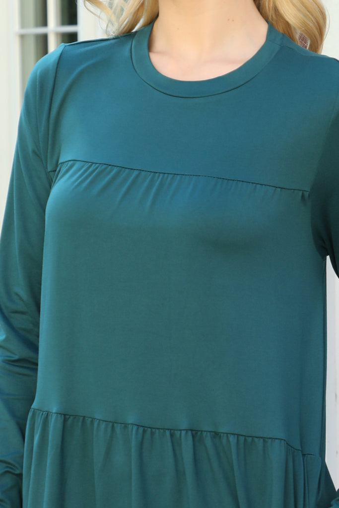 Solid Long Sleeve Shirring Tiered Detailed Dress