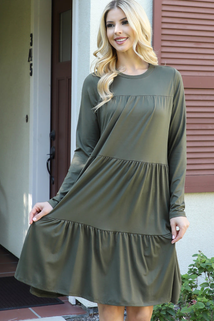 Solid Long Sleeve Shirring Tiered Detailed Dress