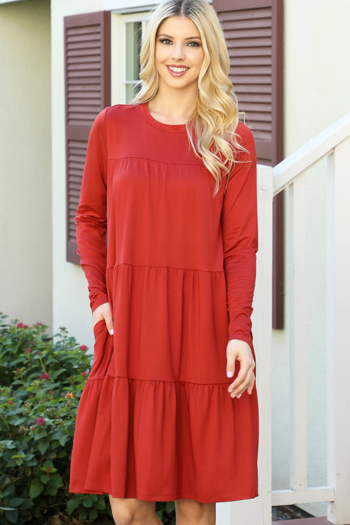 Solid Long Sleeve Shirring Tiered Detailed Dress